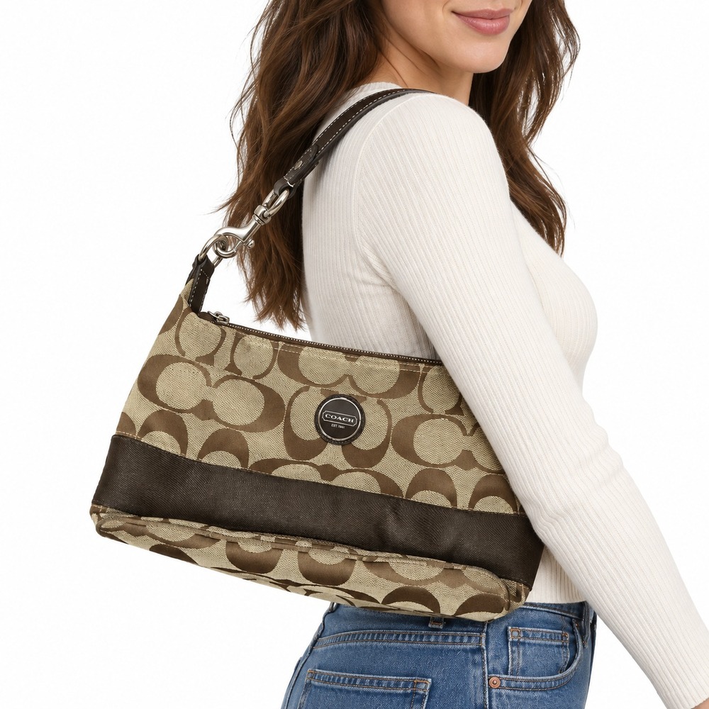 COACH Signature C Hobo Shoulder Bag Khaki Brown Jacquard Leather Y2K